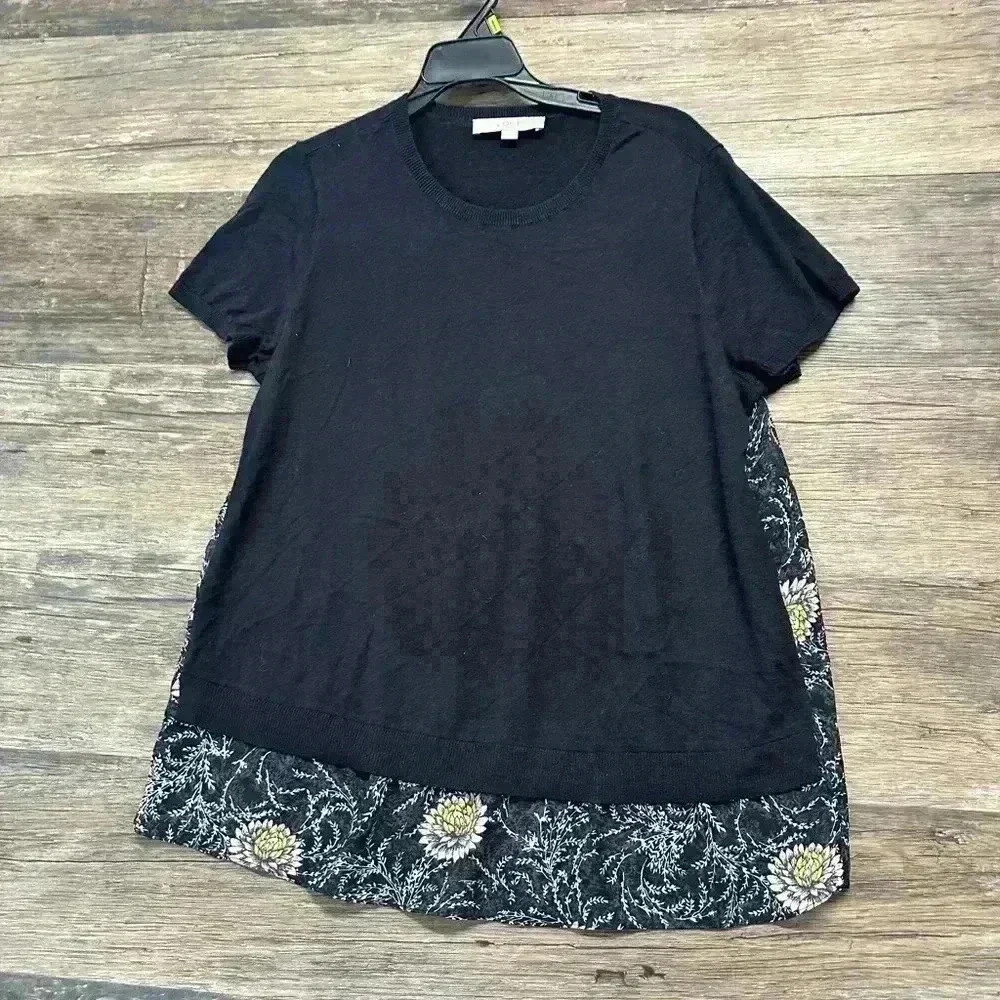LOFT Black Crew‎ Neck Short Sleeve Asymmetrical Top